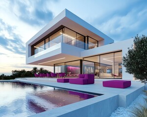 Fototapeta premium Simple Sky Background with a Modern Home, Pool, and Magenta Outdoor Furniture.