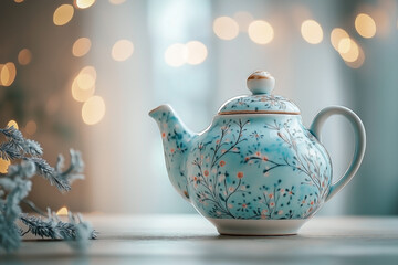 A ceramic teapot ornament decorated with winter motifs and soft blue patterns, 