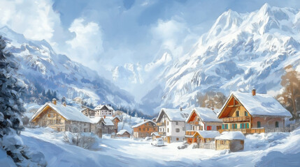 A charming alpine village, with pencil strokes highlighting the wooden chalets nestled in snow.