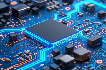 Fototapeta premium Data Flow on a Blue Circuit Board: The Essence of High-Tech Electronics