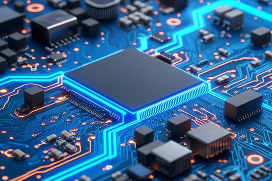 Data Flow on a Blue Circuit Board: The Essence of High-Tech Electronics