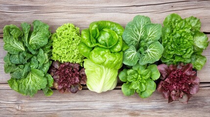 Fresh Green Lettuce Variety on Wooden Background