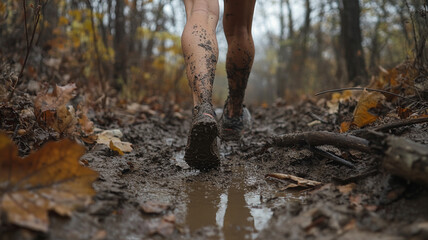 Close up of mud splattered legs of runner on muddy trail