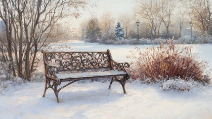 Ornate Iron Bench in a Snowy Winter Landscape