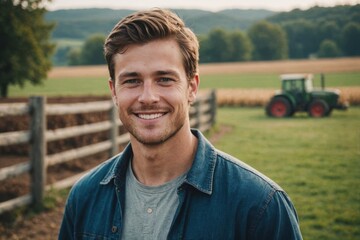 Close portrait of a smiling young American male farmer standing and looking at the camera, outdoors American rural blurred background