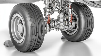 Fototapeta premium Aircraft Landing Gear Close-up with Wheels and Brakes