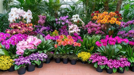 Fototapeta premium Vibrant Display of Colorful Orchid Flowers in Greenhouse