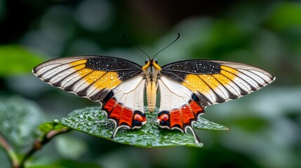Fototapeta premium Close-Up of a Vibrant Orange and Yellow Butterfly Resting on Green Leaves in Natural Habitat