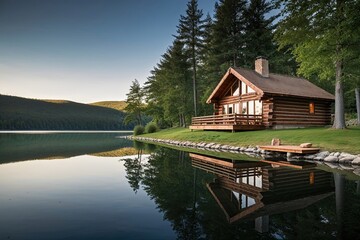 Fototapeta premium Serene Lakefront Log Cabin Retreat Surrounded by Stunning Reflections