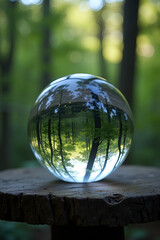 Crystal glass sphere reflecting green trees and nature in a serene forest setting