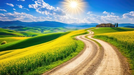 Fototapeta premium Scenic Winding Road Through Vibrant Green Hills