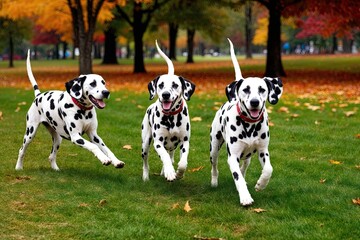 Energetic Dalmatian Dogs Playing on Lush Green Grass in Vibrant Autumn Park
