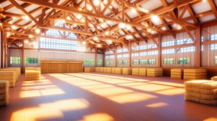 Fototapeta premium Spacious Barn Interior with Natural Light and Hay Bales