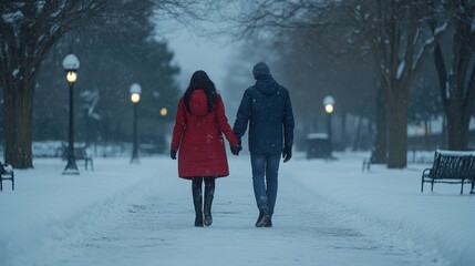 Couple Walking Hand-in-Hand Through a Snowy Park at Dusk