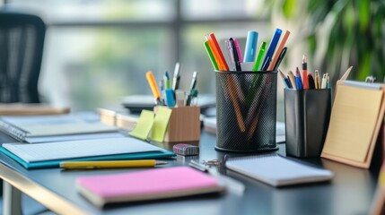 Fototapeta premium Organized Workspace with Pens and Notepads