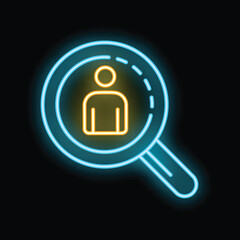 Glowing neon magnifying glass is focusing on a person icon against a black background