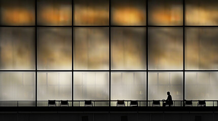 Solitary figure in modern empty cafe, staring out window with distant look, symbolizing social loneliness and introspection in urban life.
