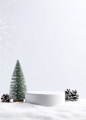 Podium for Cosmetics Display with Snow and Christmas Trees on a White Winter Holiday Background. Created with Generative AI Technology