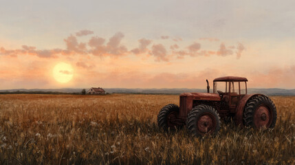 Rustic tractor in golden wheat field at sunset with farmhouse in background