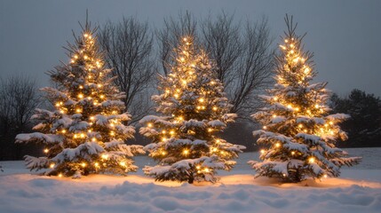 Three Snow-Covered Christmas Trees with Lights