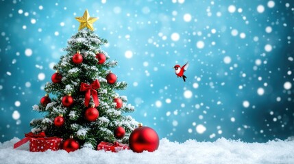 Obraz premium Festive Christmas Tree with Snowy Background