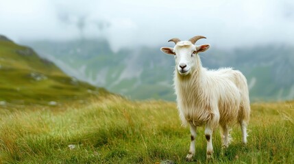 Naklejka premium White Goat in Mountain Meadow