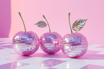 Three reflective pink disco ball cherries on a checkered surface, creating a playful and creative...