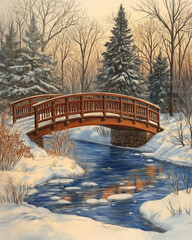 A wooden bridge, brown with hints of red, arches gracefully over a stream. Pencil colors emphasize the flowing water,