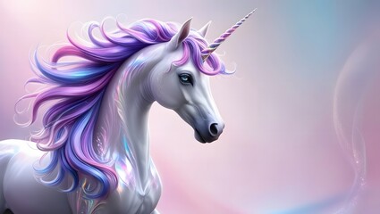 a majestic unicorn with a mesmerizing, flowing mane featuring a kaleidoscope of colors, predominantly purple, pink, and blue hues, that cascade down its neck and back