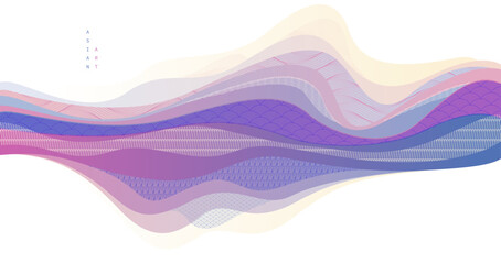 Abstract oriental Japanese art vector background, traditional style design, wavy shapes and mountains terrain landscape, runny like sea lines.