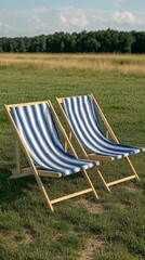 Fototapeta premium Two striped deck chairs on lush green grass under a clear blue sky, ideal for outdoor relaxation or summer events.