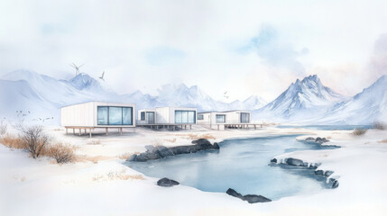 Modern minimalist cabins in serene snowy landscape with mountains and river