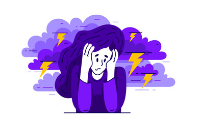 Young woman having a psychological problem of stress or anxiety, vector illustration of stressed girl having mental disorder or tired, headache flat style drawing