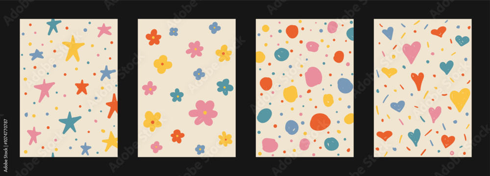 Wall mural abstract hand drawn y2k naive trendy patterns set. vector organic colorful doodle shapes backgrounds