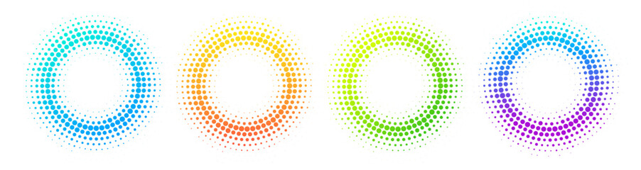 Halftone effect dotted gradient color frames set. Isolated vector dotted circles retro technology design elements