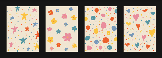 Abstract hand drawn Y2K naive trendy patterns set. Vector organic colorful doodle shapes backgrounds, patterns in 70s groovy retro style