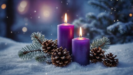 Purple candles with pinecones in snowy forest for winter decor ideas