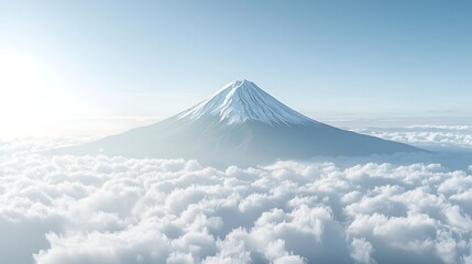 Majestic Mount Fuji Amidst Soft White Clouds Under a Bright Sky During Dawn, Capturing the Serene Beauty of Nature's Landscape in Japan