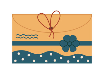 Elegant Christmas envelope tied with red string flat color vector object. Cute packaging for holiday correspondence illustration on white