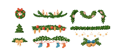 Christmas garlands with socks bells and fir branches flat color vector objects set. Holiday season decor illustrations bundle on white background