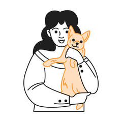Happy woman gently holding small dog in arms two-color linear icon. Special bond between human and beloved pet doodle simple illustration