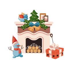 Festive fireplace with decorated Christmas tree on mantelpiece flat color vector object. Cozy seasonal ambiance illustration on white background