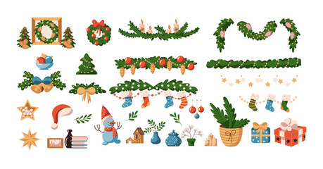 New Year garlands with festive ornaments flat color vector objects set. Traditional winter adornments illustrations bundle on white background