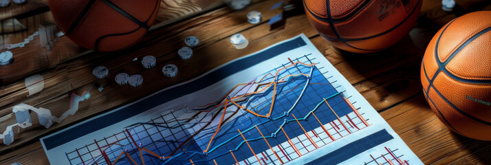 Basketball on a digital scoreboard with glowing orange neon lines and futuristic interface elements.