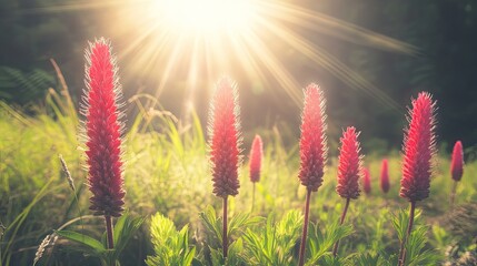 Vibrant Red Flowers in Sunlight Rays