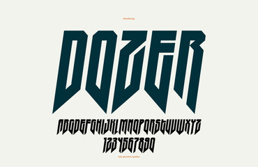 Sharp and bold condensed gothic font for logo creation of for headlines, edgy geometric modern vector italic tall typeface, heavy metal and hard rock style alphabet with numbers.