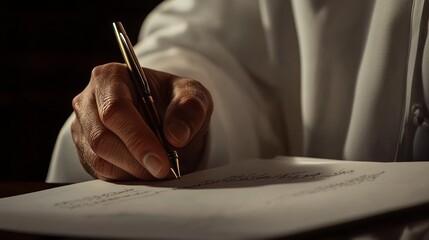Close-up of a hand writing in elegant script with a fountain pen, featuring warm lighting and a focused atmosphere.