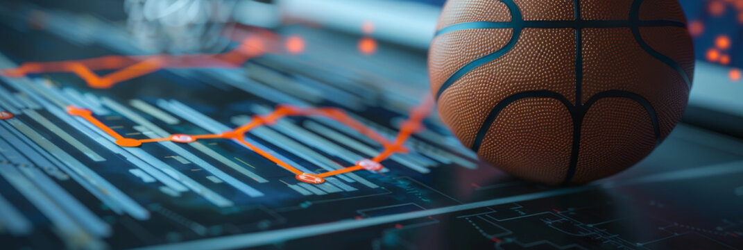 Basketball on a digital scoreboard with glowing orange neon lines and futuristic interface elements.