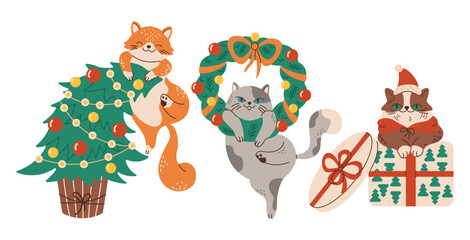 Funny cats during Christmas holidays flat color vector characters set. Playful pets with festive decor illustrations bundle on white background