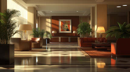 Modern lobby interior design with elegant furniture and natural light, AI generated